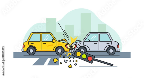 Car accident illustration collision of yellow and gray vehicles on road