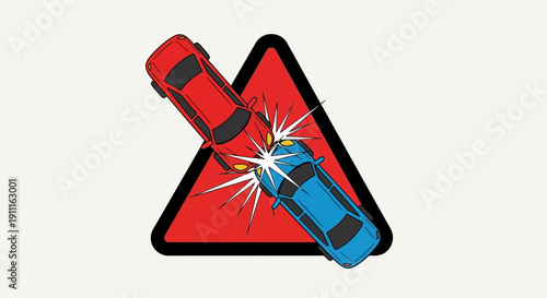 Car accident illustration red and blue vehicles colliding inside triangle