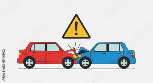 Car accident illustration red and blue vehicles collide with warning sign