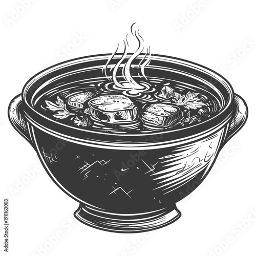 A delicious hot soup with pieces of food in a pot