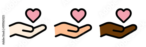 世界をつなぐ思いやりを表すピンクハートと手のアイコン