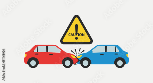Car accident illustration red and blue vehicles colliding with caution sign
