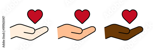グローバル支援を象徴する赤いハートと手のアイコン　細線