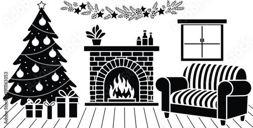 Christmas cozy living room illustration, festive tree fireplace gifts holiday interior winter decoration home silhouette seasonal isolated design scene