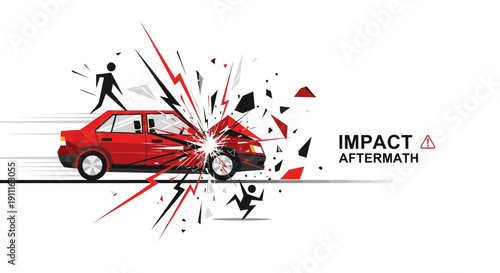 Car accident illustration red vehicle collision with shattered effect