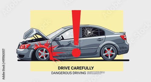 Car accident illustration showing danger warning with damaged vehicle concept