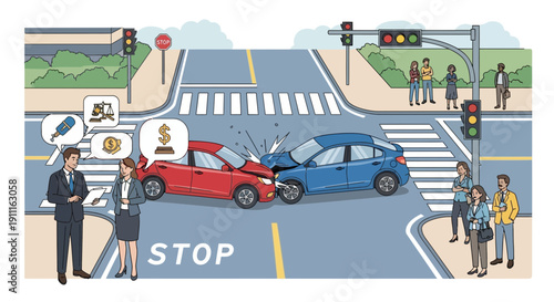 Car accident illustration showing damage and legal aspects at intersection
