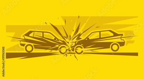 Car accident illustration two vehicles colliding against yellow background