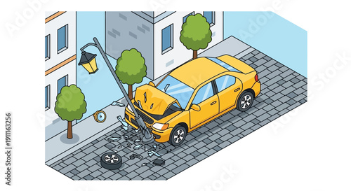 Car accident scene with damaged vehicle and broken street light illustration