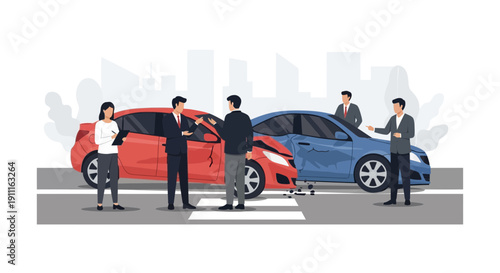 Car accident scene with people discussing incident after collision