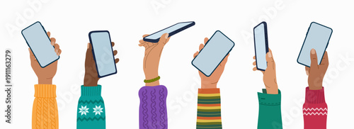 Diverse raised up hands holding mobile phones with empty blank screen. People using smartphone. Hand drawn vector illustration isolated on white background, flat cartoon style.