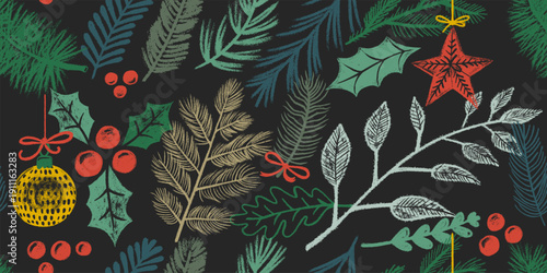 Christmas seamless pattern with vintage winter holiday texture. Floral New Year wrapping paper with fir tree branches, mistletoe leaves, berries, star. December festive endless foil Christmas backdrop