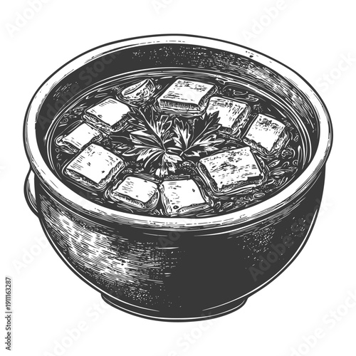 A bowl of soup with tofu and herbs ready to eat