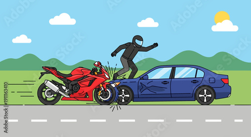 Car and motorcycle collision illustration with driver in cartoon style