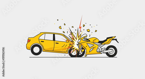 Car and motorcycle collision illustration with impact sparks and debris