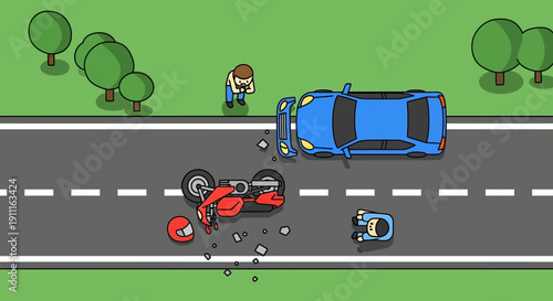 Car and motorcycle collision scene depicted with driver road and trees