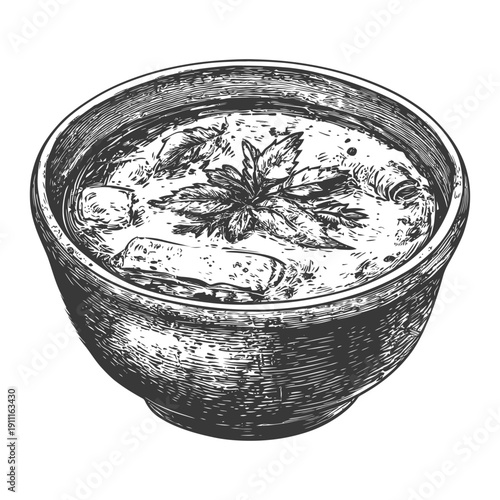 A vintage detailed illustration of a bowl of soup with garnish