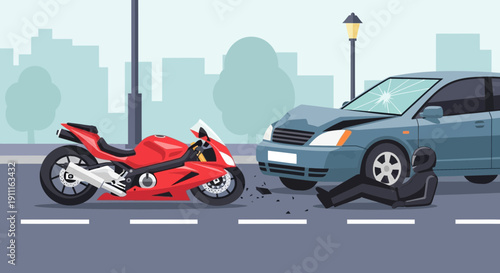 Car and motorcycle collision scene road accident illustration