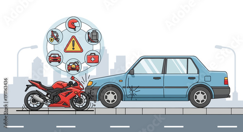 Car and motorcycle crash scene with safety icons and cityscape background