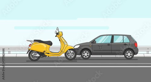 Car and scooter collision on roadway illustration for safety and insurance