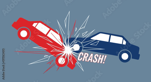 Car collision illustration with impact and damage graphic on a blue background