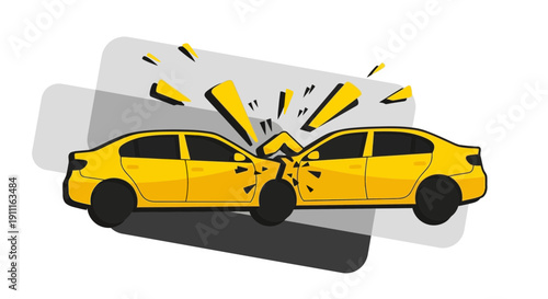 Car collision illustration with impact and damage graphic on white background