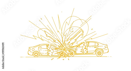 Car collision illustration with impact and explosion effect on white background