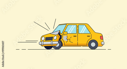 Cartoon illustration of a damaged yellow car after a collision incident