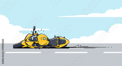 Cartoon illustration of a yellow motorcycle lying on a road after an accident
