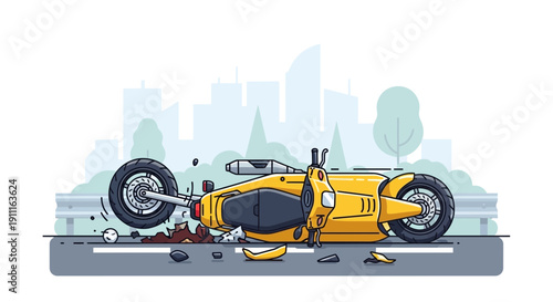 Cartoon illustration of a yellow motorcycle accident on a city road