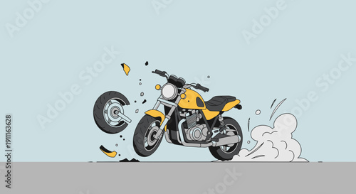 Cartoon motorcycle accident yellow vehicle with broken wheel and debris