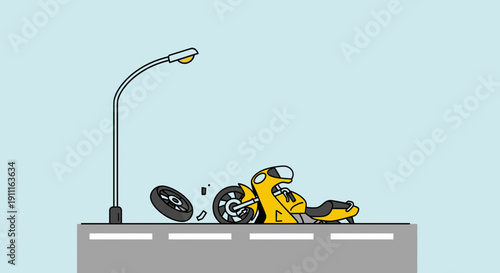 Cartoon motorcycle accident illustration on road with streetlight and copy space