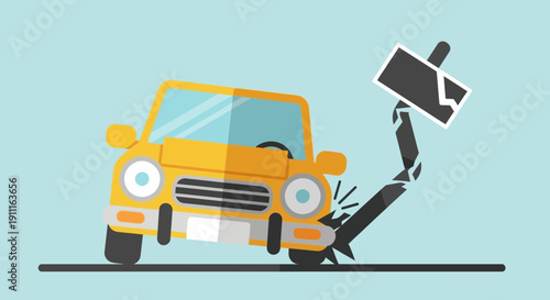 Cartoon yellow car accident collision with broken pole illustration