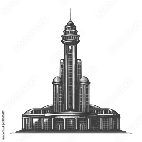 An elaborate tall art deco building tower with many sections