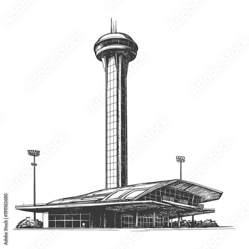 Architectural drawing of a tall tower and accompanying building complex