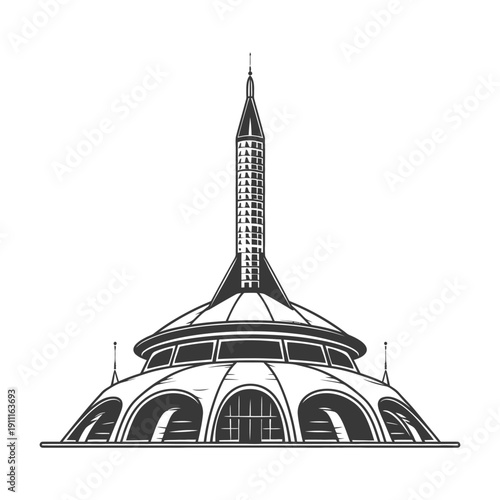 An abstract depiction of an unusual architectural structure on a white backdrop