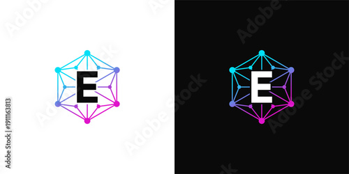 Elegant Hexagonal Geometric Logo with Letter E and Network Connections, Available in White and Black Backgrounds