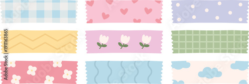 Cute vector set of decorative tape strips.
Colorful patterned tapes with stripes, polka dots, and floral designs.
