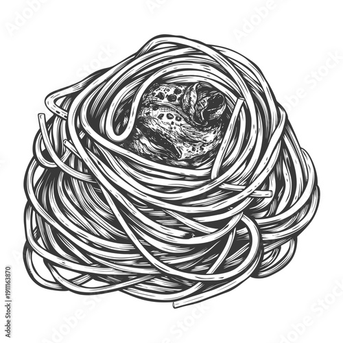 Artistic depiction of a pasta dish with meatballs in sauce