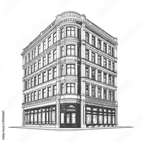 Detailed architectural line art rendering of a multi story building