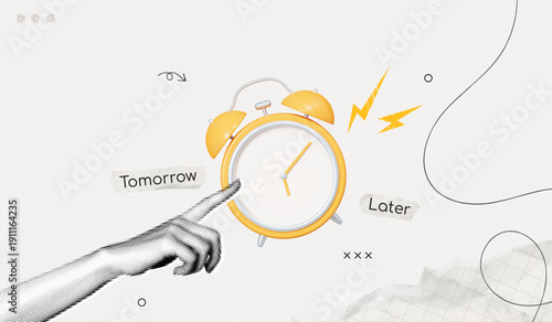 Trendy Halftone Collage Hand pointing yellow Alarm Clock with deadline. Personification of procrastination. Putting off important tasks for later. Time delay. Contemporary vector illustration art