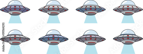 Flying Saucer UFO Spaceship Flat Vector Set Isolated on White Background