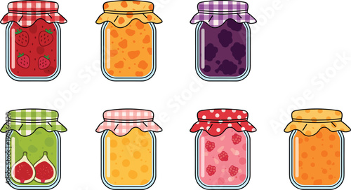 Fruit Jam and Marmalade Glass Jars Flat Vector Set Isolated on White Background