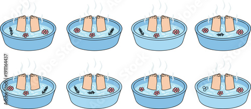 Foot Soaking in Hot Water Spa Basin Set Flat Vector Illustration Isolated on White Background