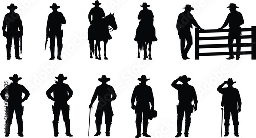 Black silhouettes of cowboys in various poses with hats and western wear white background