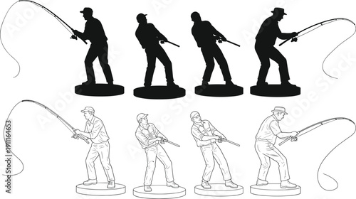 Black silhouettes and line of men fishing line black and white fishing rods