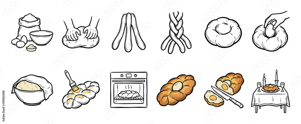 Fototapeta premium Challah bread making process icon set shows a hand-drawn step-by-step guide for a traditional Jewish recipe, from kneading dough to baking and serving for Shabbat