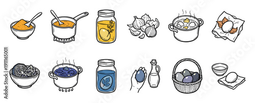 Set of hand-drawn illustrations showing the step-by-step process of dyeing eggs with natural ingredients like turmeric, onion skins, and red cabbage for a traditional holiday craft