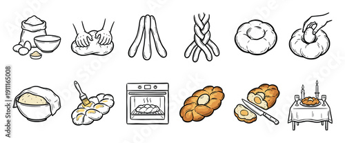 Challah bread making process icon set shows a hand-drawn step-by-step guide for a traditional Jewish recipe, from kneading dough to baking and serving for Shabbat