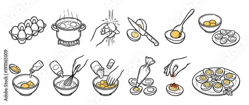 Hand-drawn instructional guide showing the steps for preparing delicious deviled eggs, from boiling and peeling to mixing the yolk filling and garnishing the final appetizer dish